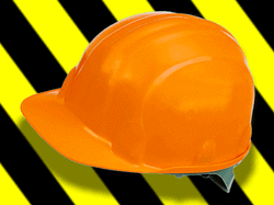 Hard Hat on a yellow and black striped background